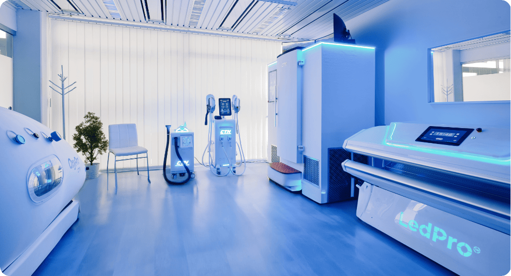 Een complete Pragma recovery-ruimte — hyperbaar, lokale cryo, whole body cryo en rood licht
