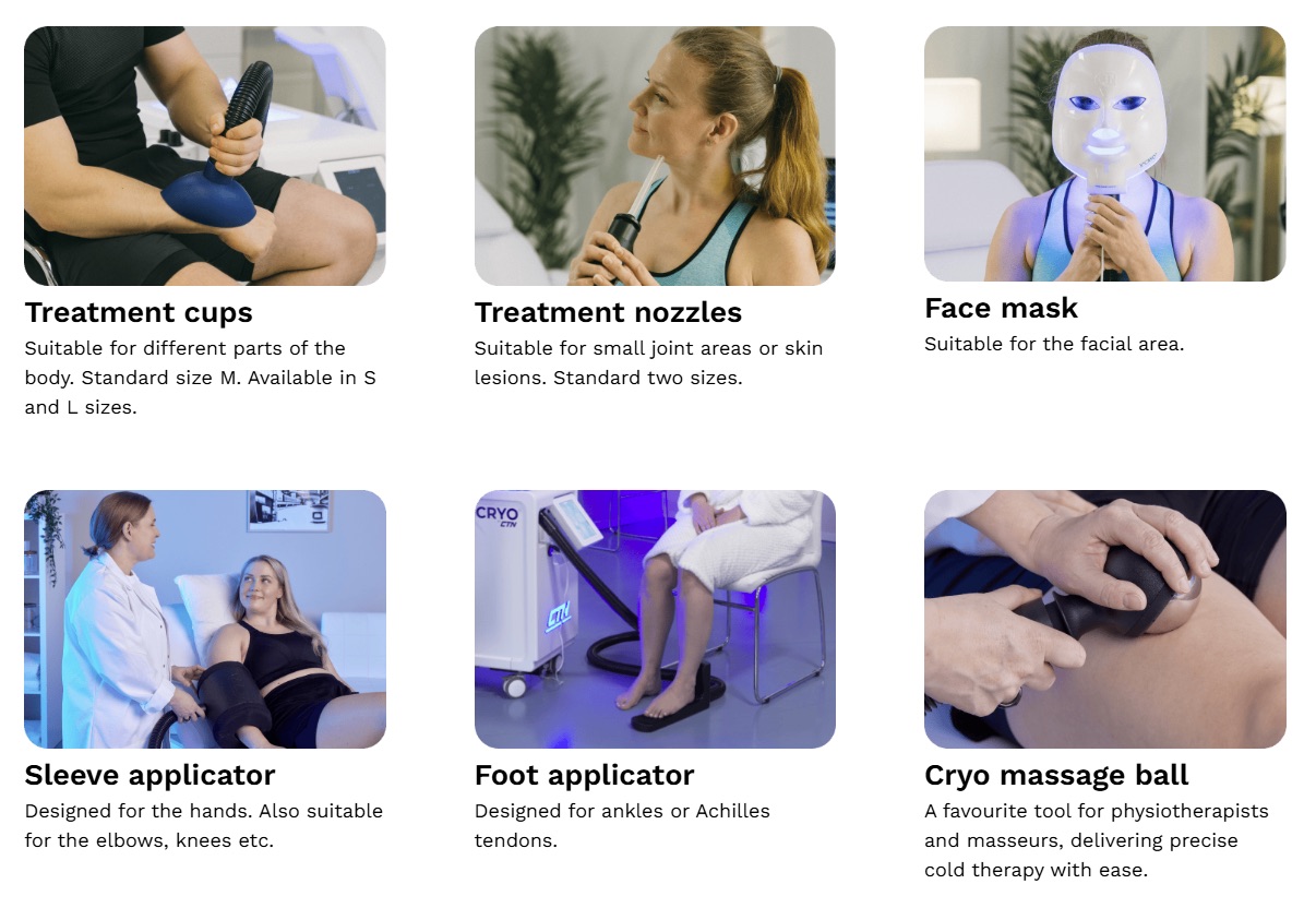 Overzicht van X°CRYO™ applicators voor lokale cryotherapie, waaronder cups, nozzles, sleeve, foot applicator en cryo massage ball.