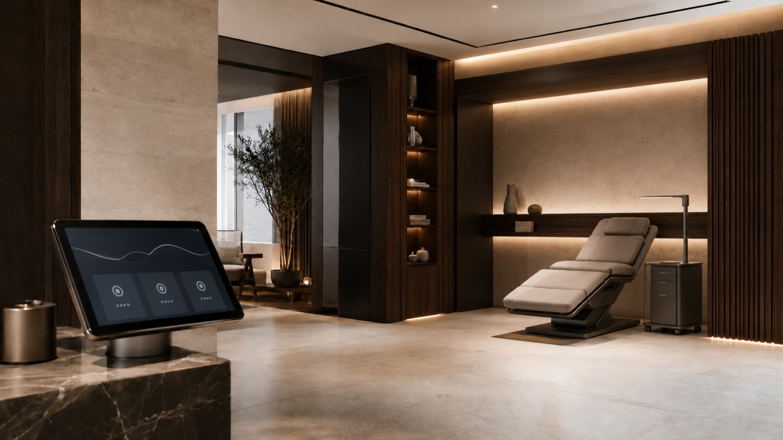 Moderne behandelruimte toont het verschil tussen wellness en een longevity-kliniek door de combinatie van behandeling en digitale evaluatie